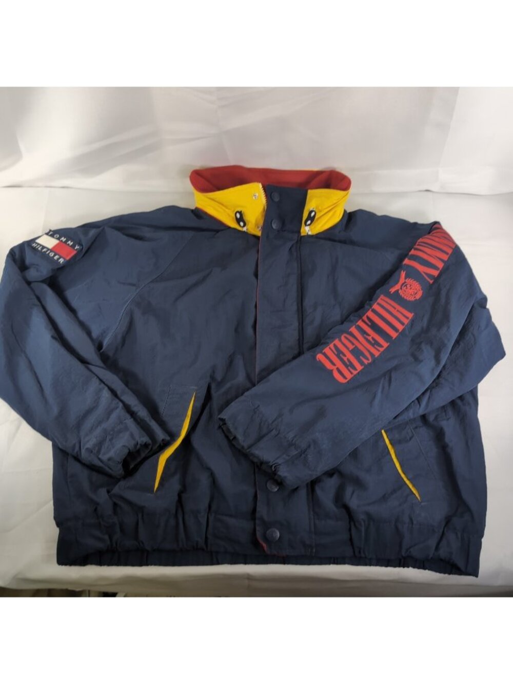 Vintage Tommy Hilfiger Jacket Full Zip Primary Color Block Men XL Navy Blue Coat